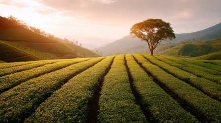 Captivating view of lush green tea fields during sunrise, showcasing a single tree standing tall amidst the vibrant landscape. Perfect for nature lovers.の素材