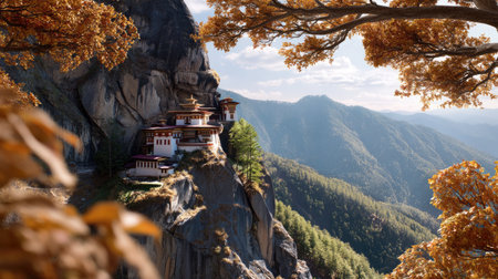 A breathtaking view of a Buddhist monastery perched on a cliff, surrounded by autumn leaves and stunning mountain ranges, offering a serene escape into nature.の素材