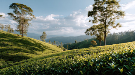 A breathtaking view capturing the beauty of lush green tea fields stretching across gently rolling hills under a cloudy sky, evoking serenity and tranquility.の素材
