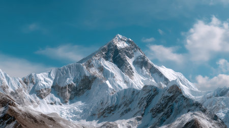 A stunning view of a snow-capped mountain peak under a bright blue sky. Dramatic clouds surround the icy terrain, creating a breathtaking landscape perfect for nature lovers and adventurers.の素材