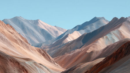 A picturesque view of a serene desert landscape featuring colorful mountain ranges under a clear blue sky. The diverse textures and hues create a mesmerizing natural scene.の素材