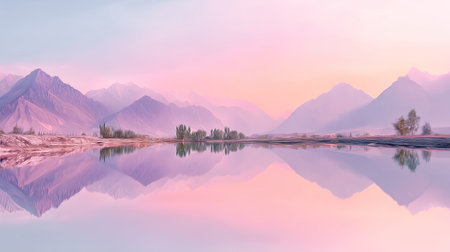 A breathtaking view of a tranquil lake reflecting majestic mountains at sunrise, with a soft pastel sky creating a serene and peaceful ambiance.の素材