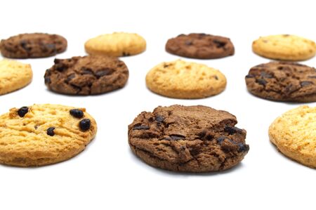 Assorted Chocolate chip cookies isolated on white background. Sweet biscuits delicious and crunchy...