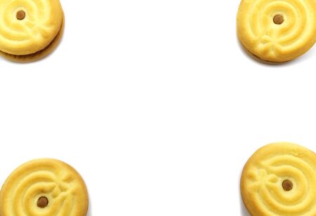 Sandwich cookies filled with coffee cream flavored.  Delicious sweet meal and useful cookie isolated on white background. Copy space.の写真素材