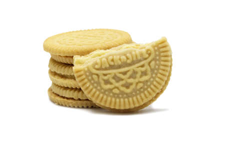 LAMPHUN, THAILAND - JUNE 5, 2019: Jack and Jill Biscuits isolated on white background. A stack and a half of sandwich cookies filled with custard flavored cream.のeditorial素材