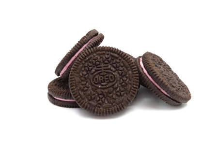 LAMPHUN, THAILAND - MARCH 8, 2019: Oreo Biscuits Chocolate sandwich cookies with strawberry flavored...
