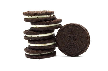 LAMPHUN, THAILAND - APRIL 23, 2019: Oreo Biscuits isolated on white background. It is a double stuf...