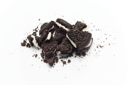 LAMPHUN, THAILAND - JUNE 18, 2019: Oreo Biscuits with crumbs on white background. It is a sandwich...