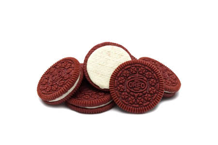 LAMPHUN, THAILAND - AUGUST 8, 2019: Oreo Biscuits isolated on white background. It is a Red velvet...