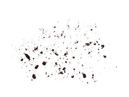 Scattered crumbs of chocolate sandwich cookies filled with sweet cream flavored isolated on white background.の写真素材