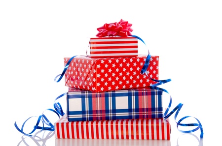 luxury red white and blue gifts isolated over whiteの写真素材