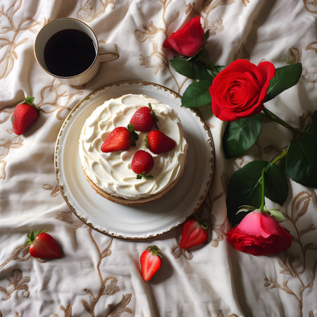 Cake with whipped cream, strawberries, coffee and red roses on a bed. Generated AI.の素材