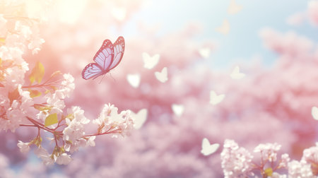 Beautiful spring background with blooming sakura and blue butterfly. AI Generative.の素材