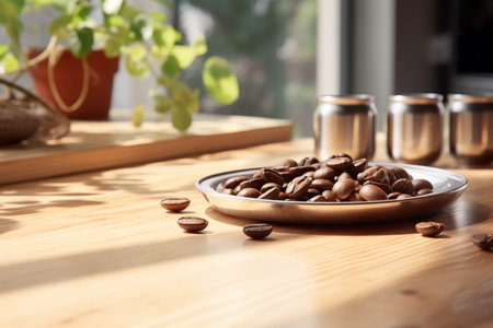 Coffee beans roast in metal bowl on wooden table in kitchen. AI Generative.の素材