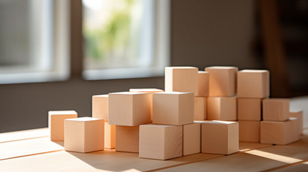 Wooden blocks on table in office, closeup. Building concept. AI Generative.の素材