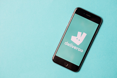 LONDON, UK - NOVEMBER 9th 2017: An apple iPhone showing the Deliveroo application logo. Deliveroo is an online takeaway delivery serviceのeditorial素材