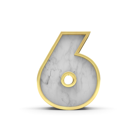 Number 6. Marble and gold lettering font. 3D Renderingの写真素材