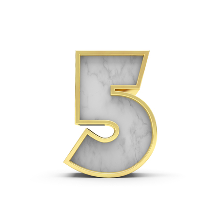 Number 5. Marble and gold lettering font. 3D Renderingの写真素材