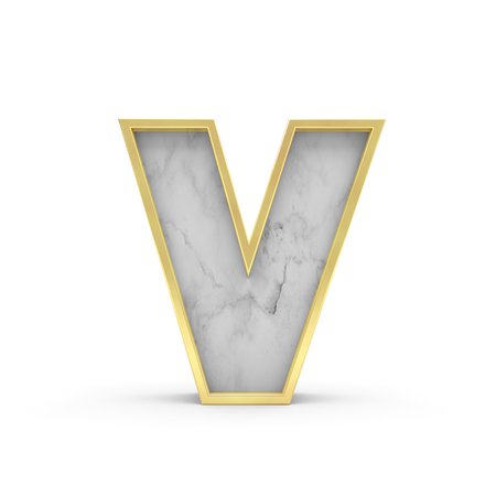 Letter V. Marble and gold lettering font. 3D Renderingの写真素材