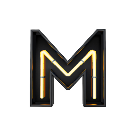 Neon style light letter M. Glowing neon Capital letter. 3D renderingの写真素材