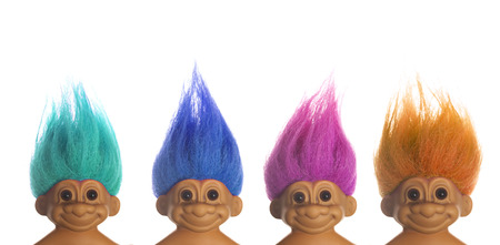 LONDON, UK - DECEMBER 4th 2017: An original troll plastic toy figure with bright coloured hair. First produced in Denmark by Thomas Damのeditorial素材