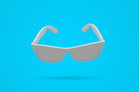 White sunglasses on a bright blue background. Summertime background. 3D rendering