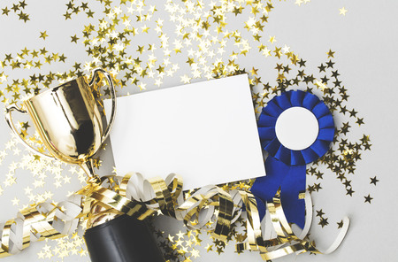 Winners background with trophy and rosetteの写真素材