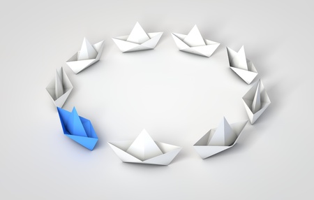 Origami boats leadship concept. 3D Rendering
