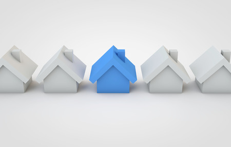 Housing concept. Blue home stands out from others. 3D Renderingの写真素材