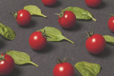Red cherry vine tomatos and green salad leaves on a slate backgroundの写真素材
