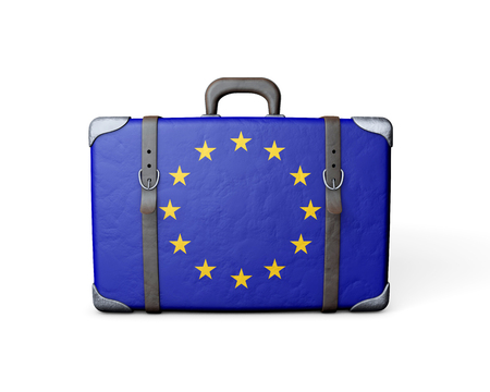 European Union flag on a vintage leather suitcase. 3D Renderingの写真素材