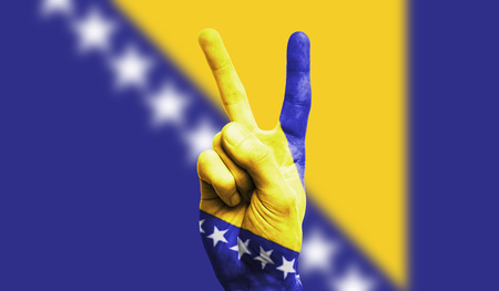 Bosnia national flag painted onto a male hand showing a victory, peace, strength signの写真素材