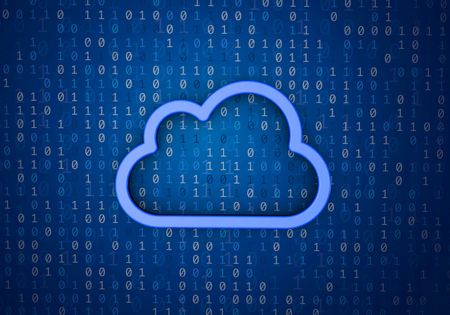 Cloud computing concept. Blue cloud shape on a binary code background. 3D Renderingの写真素材