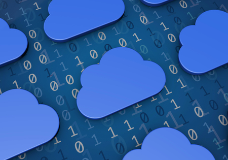 Cloud computing concept. Blue cloud shape on a binary code background. 3D Rendering