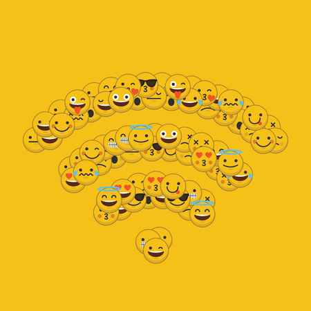 Set of emoji emoticon character faces in a wireless internet icon shapeのイラスト素材