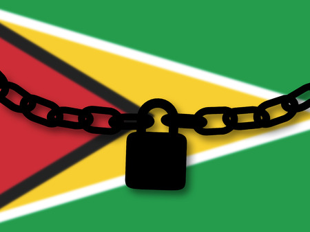 Guyana security. Silhouette of a chain and padlock over national flag