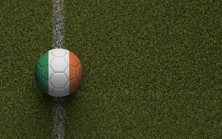 Ireland flag football on a green soccer pitch. 3D Rendering