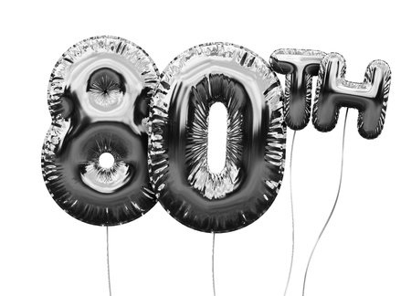 Gold number 80 foil birthday balloon isolated on white. Golden party celebration. 3D Renderingの写真素材