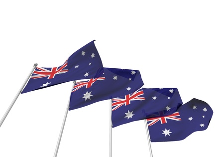 Australia flags in a row with a white background. 3D Renderingの写真素材