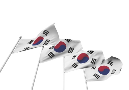 South Korea flags in a row with a white background. 3D Renderingの写真素材