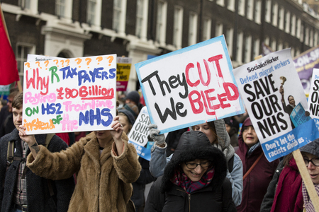 LONDON, UK - February 3rd 2018: Protesters and campaigners on a save the NHS march in central Londonのeditorial素材