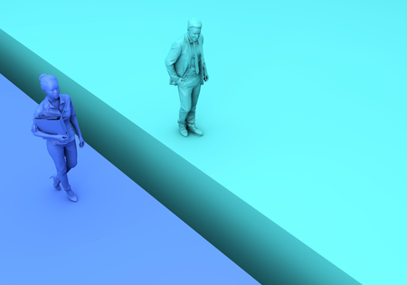 Gender equality concept. Businesswoman and businessman on two seperate colour blocks. 3D Renderingの写真素材