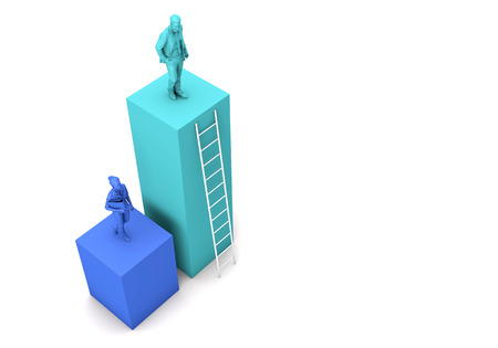Gender equality concept. Businesswoman and businessman on two towers. 3D Renderingの写真素材