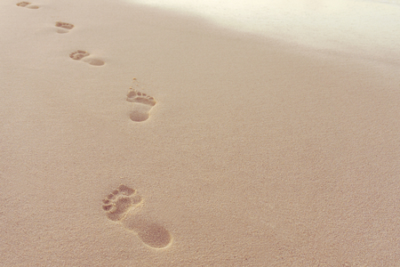 Footprints in the sand on a tropical beachの写真素材
