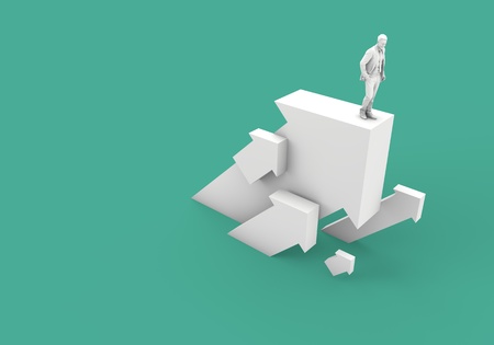 Businessman standing on a white arrow. Business growth and develpment concept. 3D Renderingの写真素材
