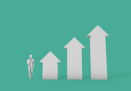 Business person standing on a white arrow. Business growth and develpment concept. 3D Renderingの写真素材