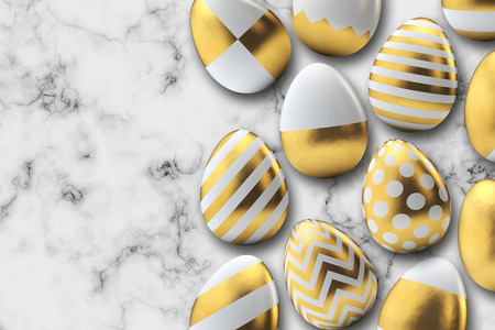 Gold pattern easter eggs on a marble background. 3D Renderingの写真素材