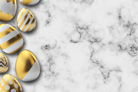 Gold pattern easter eggs on a marble background. 3D Renderingの写真素材