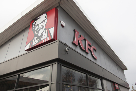LONDON, UK - February 21st 2018: KFC fast food signage. KFC is an american fast food company that...