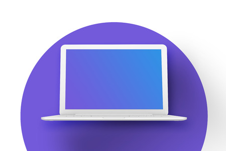 Laptop template mockup. White open laptop on a circle pattern background. 3D renderingの写真素材